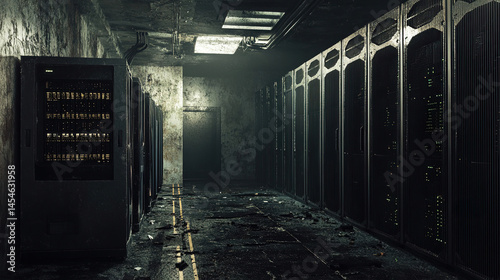 Dark, derelict server room with aging infrastructure. Data decay metaphor in storage hallway.