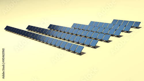 Illustration of multiple solar panels on a white background illuminated by sunlight.