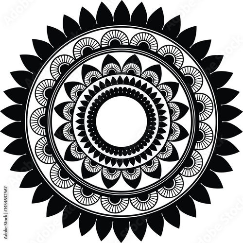 Black and White Mandala Circular Floral Pattern design 1 Isolated on White Background	