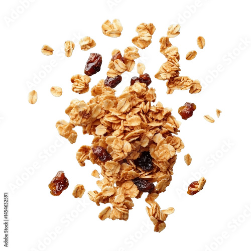A close-up of scattered homemade granola showcasing a healthy breakfast option or snack ingredient. isolated on white background and transparent background