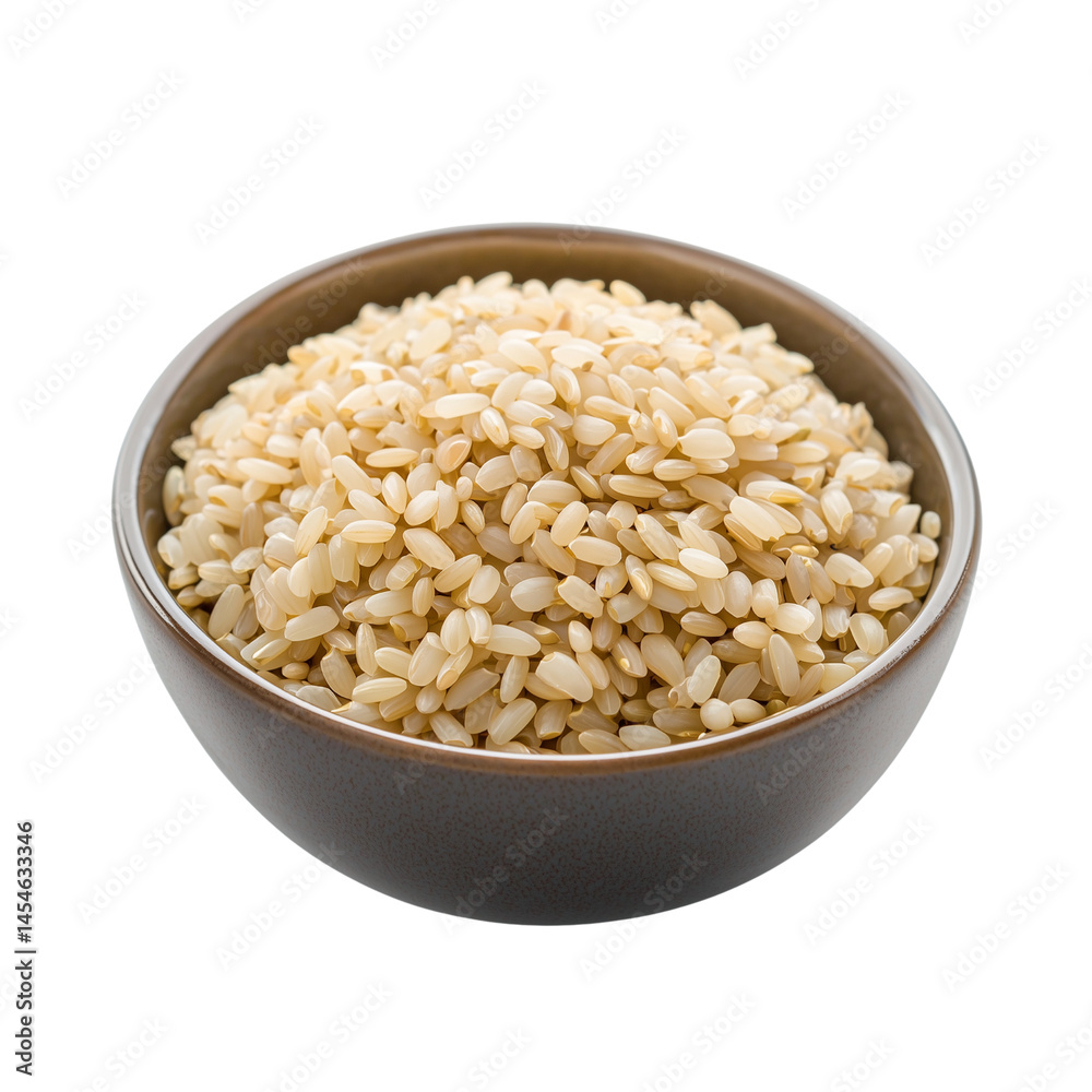 A bowl filled with brown rice, isolated showcasing their natural color and texture. isolated on white background and transparent background A bowl filled with brown rice, isolated showcasing their natural color and texture. isolated on white background and transparent background