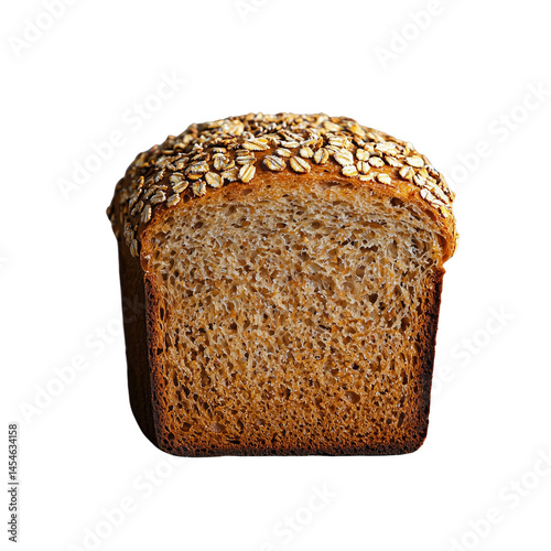 Fresh whole grain bread topped with oats, displayed highlighting its texture and natural ingredients. isolated on white background and transparent background