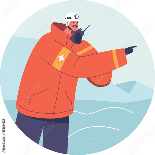 Winter rescuer talking walkie-talkie vector illustration