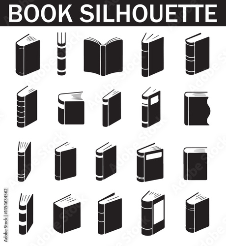 Collection of various black and white book silhouette icons featuring different angles, open and closed views, spine designs, and page orientations for design use.