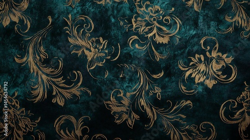 Elegant teal and gold floral wallpaper design featuring intricate patterns and textures