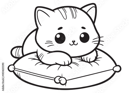 Adorable Kitten Resting on Pillow Coloring Page Vector Design