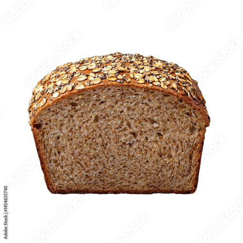 Whole grain bread with a textured crust, featuring seeds and grains, presented for a striking visual effect. isolated on white background and transparent background