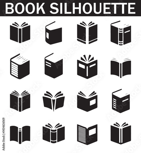 Collection of various black and white book silhouette icons featuring different angles, open and closed views, spine designs, and page orientations for design use.