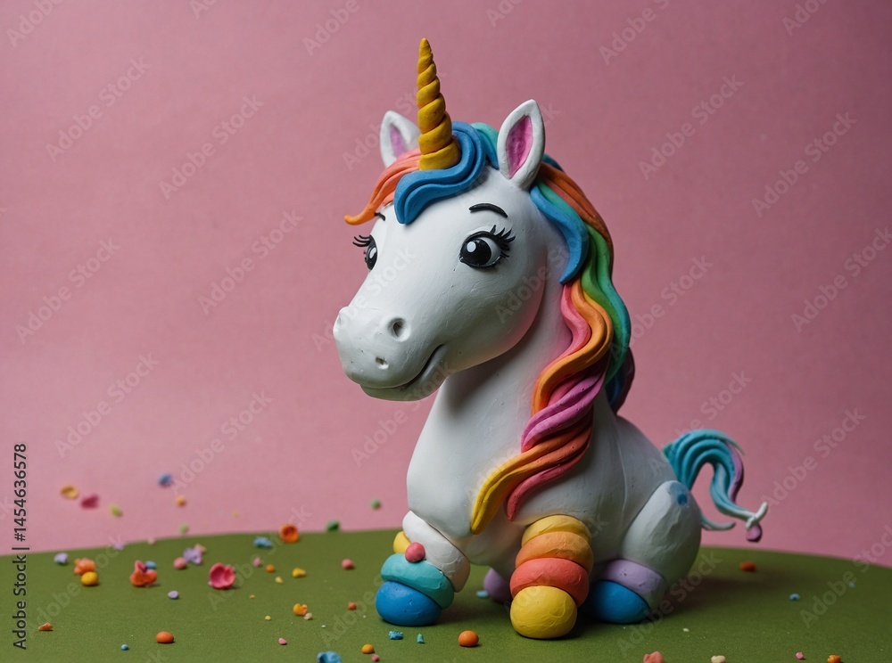 Naklejka premium Stylized Unicorn Figure with Rainbow Mane and Tail Made of Modeling Clay on Green Surface and Light Pink Backdrop
