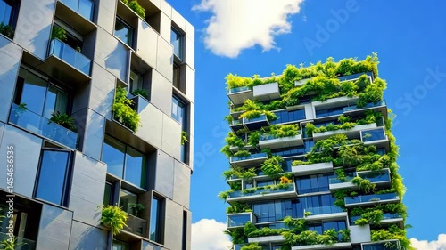 Modern eco-friendly buildings with lush greenery against a bright blue sky, showcasing urban sustainability