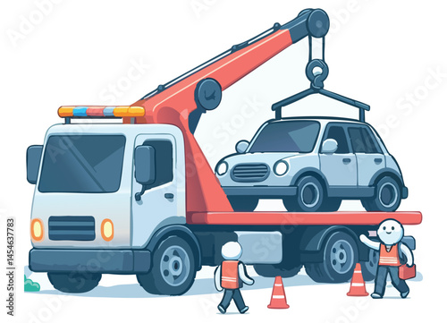 Cartoon Tow Truck with Car and Workers Illustration Design