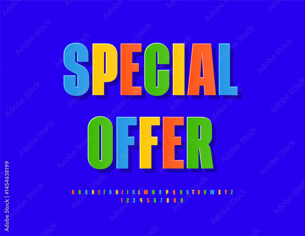 Obraz premium Vector Bright banner Special Offer for Sales. Colorful Sticker Style Font. Elegant Uppercase Alphabet Letters, Numbers and Symbols