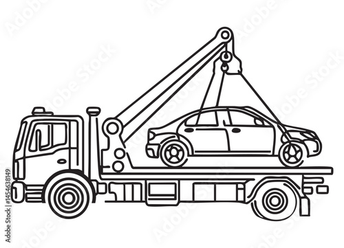 Silhouette of Tow Truck Rescuing Car Vector Line Art Illustration