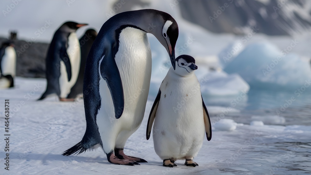 Obraz premium Emperor penguin parents taking care of their chick on the snow in Antarctica 