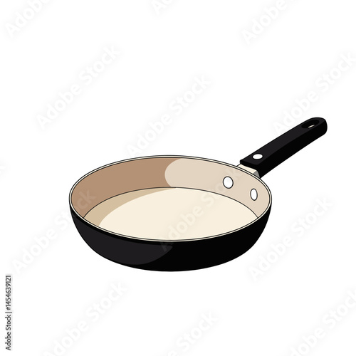 Black frying pan on white background with metal handle and Teflon surface