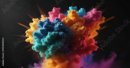 Multicolored powder cloud erupts in a powerful burst against a deep black background  The rich colors are sharply defined against the dark ,  cloud,  abstract,  paint