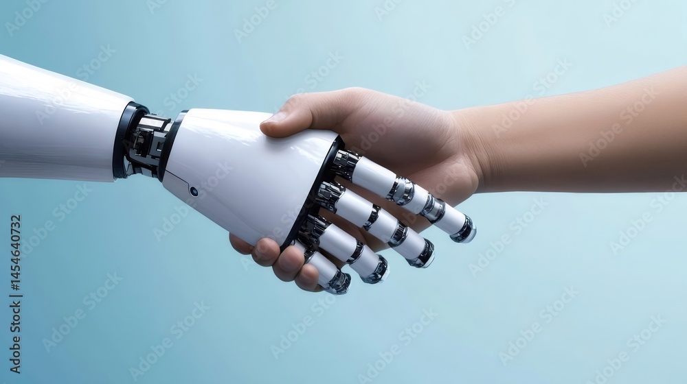 ロボットの手と人間の手の握手 青い背景のクローズアップ 未来と技術の協力関係 ロボットの手と人間の手の握手 青い背景のクローズアップ 未来と技術の協力関係