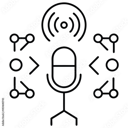 Echo of Innovation: A minimal icon of a microphone at the center, transmitting audio waves and connected by network nodes, symbolizing digital communication and creative voice. 