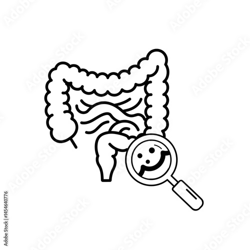 Colonoscopy - Intestine outline with magnifying glass examining health  