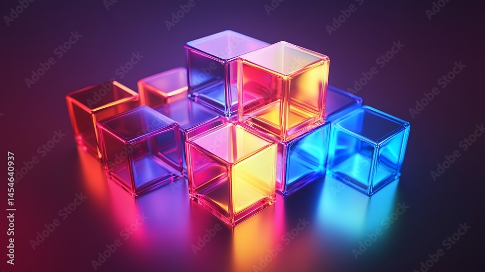 Multicolored translucent cubes arranged in a vibrant display. Multicolored translucent cubes arranged in a vibrant display.