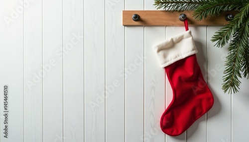 Red Christmas stocking traditional style hanging for gifts against white tiled wall