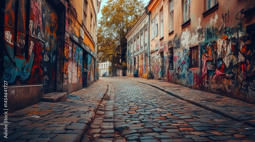 Fototapeta premium Graffiti Alley Cobblestone Street Urban Photography