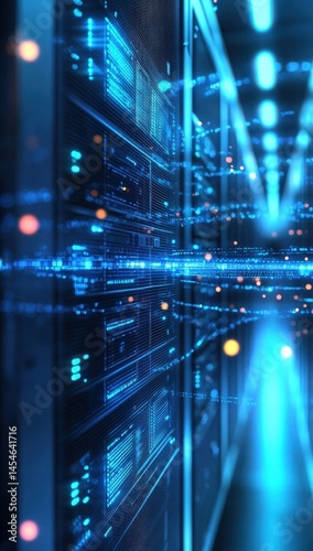 Futuristic blue digital network with glowing lights, depth of field, perspective blur, and bokeh effects, showcasing abstract technology and connectivity in high-resolution detail.