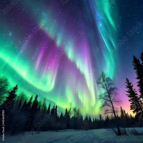 Majestic aurora borealis display over a snow-covered landscape, with trees silhouetted against the vibrant green, purple and blue lights of the northern lights under a starry night sky.