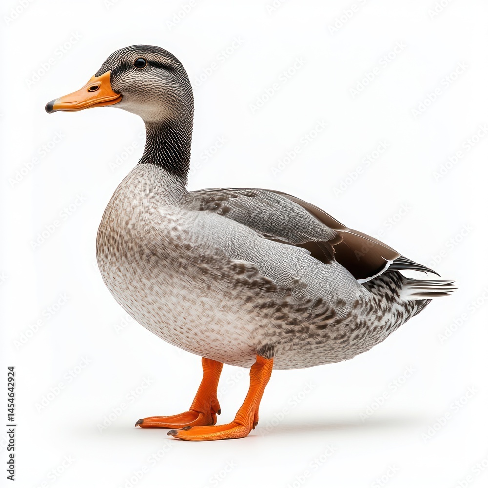 Obraz premium Brown duck with orange feet stands on a white background in profile