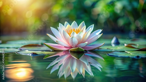 Delicate water lily petal with intricate patterns and veins on a serene pond surface , closeup, water,  closeup, water