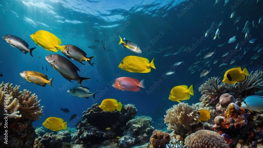 Naklejka premium Underwater scene of vibrant coral reef ecosystem teeming with various tropical fish swimming in clear blue ocean water