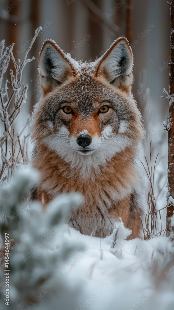 Fototapeta premium Coyote portrait, snowy woods, piercing amber eyes