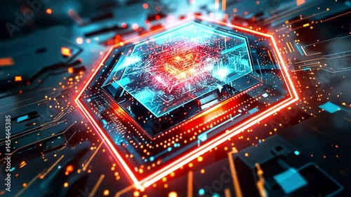 Futuristic hexagonal microchip glowing with vibrant colors, surrounded by circuit patterns and digital elements