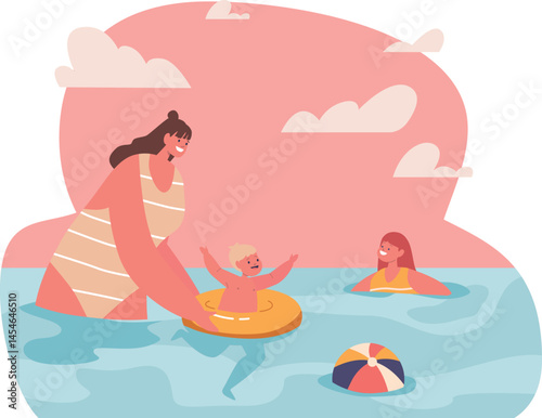 Mother with children swimming vector illustration