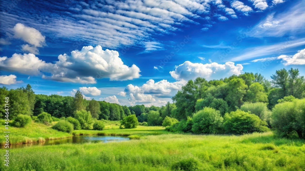 Fototapeta premium Serene summer landscape with a clear blue sky and fluffy white clouds amidst lush greenery, nature, clear blue sky