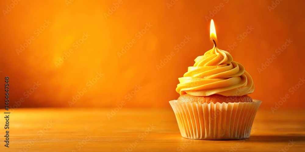 Yellow cupcake with a single candle in the center Yellow cupcake with a single candle in the center