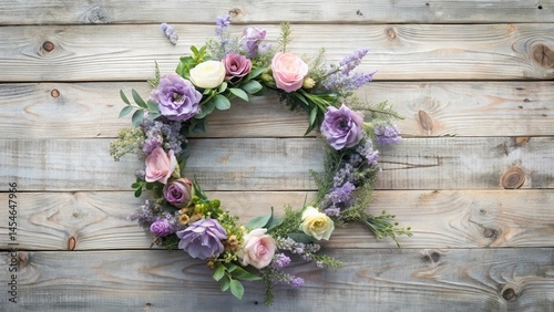 Soft pastel purple floral wreath on a distressed wooden background