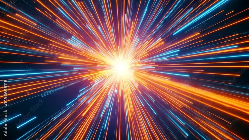 A vibrant explosion of light rays in orange and blue