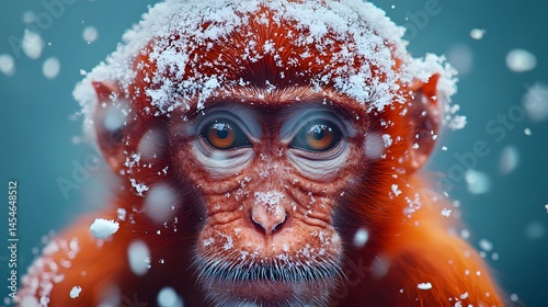Stunning Close-up Portrait of a Japanese Macaque Amidst Snowflakes in a Tranquil Setting