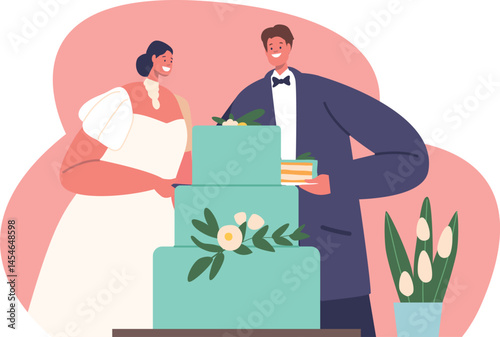Bride, groom and wedding cake