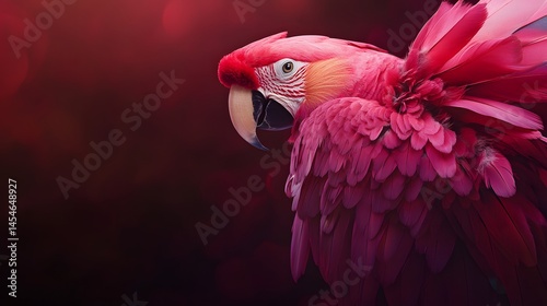 Intricately Detailed Portrait of Vibrant Pink Macaw Parrot on a Dark Burgundy Backdrop, Ideal for Celebrating Diverse Animal Festivities and Conservation Events