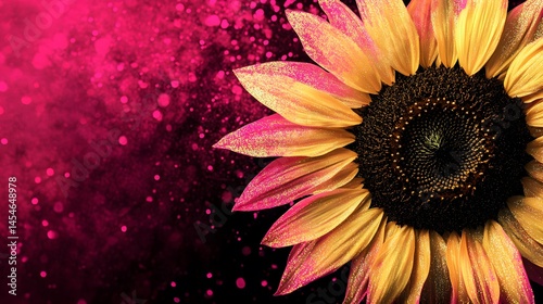 Intricately designed glitter sunflower artwork featuring a vibrant split background in pink and black with dedicated space for photo placement photo