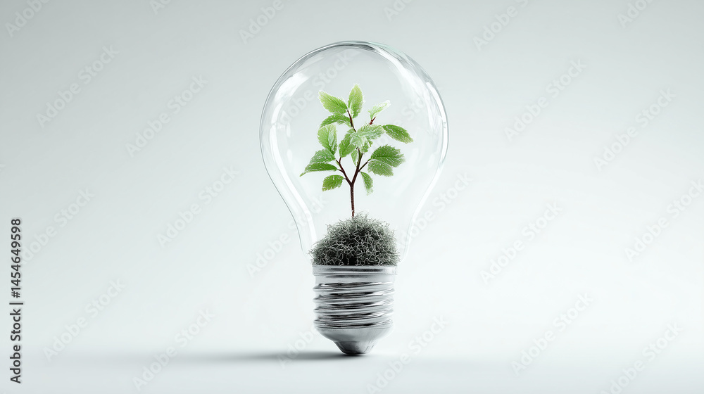 Light bulb with green plant and soil representing eco-friendly energy, sustainability, and environmental conservation concepts in a modern design