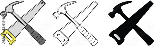silhouettes and essential hand Tools hammer and saw icon set vector. equipment construction projects. icon, set, hammer, repair.
