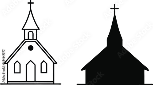 Silhouette and line art of a church on white background, faith and spirituality symbol. church, silhouette, faith, spirituality.