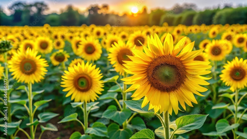 Riga di campo con girasoli in fase di sviluppo, foglie verdi e fiori gialli, coltivazione, verde, coltivazione, verde Riga di campo con girasoli in fase di sviluppo, foglie verdi e fiori gialli, coltivazione, verde, coltivazione, verde