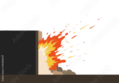 Explosive fire blasts through wall creating a dramatic and dynamic scene Intense orange and yellow flames dominate conveying power and destruction A stark minimalist background emphasizes the impact