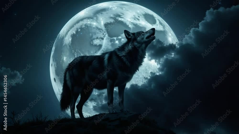 Wolf howling under a full moon against a dramatic night sky Wolf howling under a full moon against a dramatic night sky