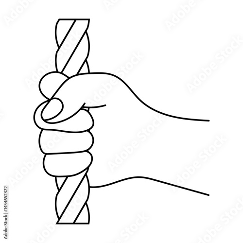 Hand Gripping a Twisted Rope Outline Vector Illustration. A black and white vector illustration of a human hand firmly gripping a twisted rope.