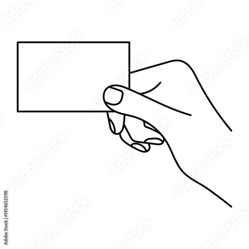 Hand Holding Blank Business Card Vector Illustration. A black and white line art vector illustration of a hand holding a blank rectangular business card.